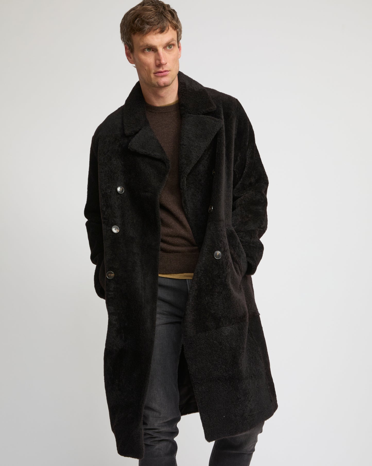 Manteau 7/8 en peau lainée d'agneau Lacon chiné -Yves Salomon