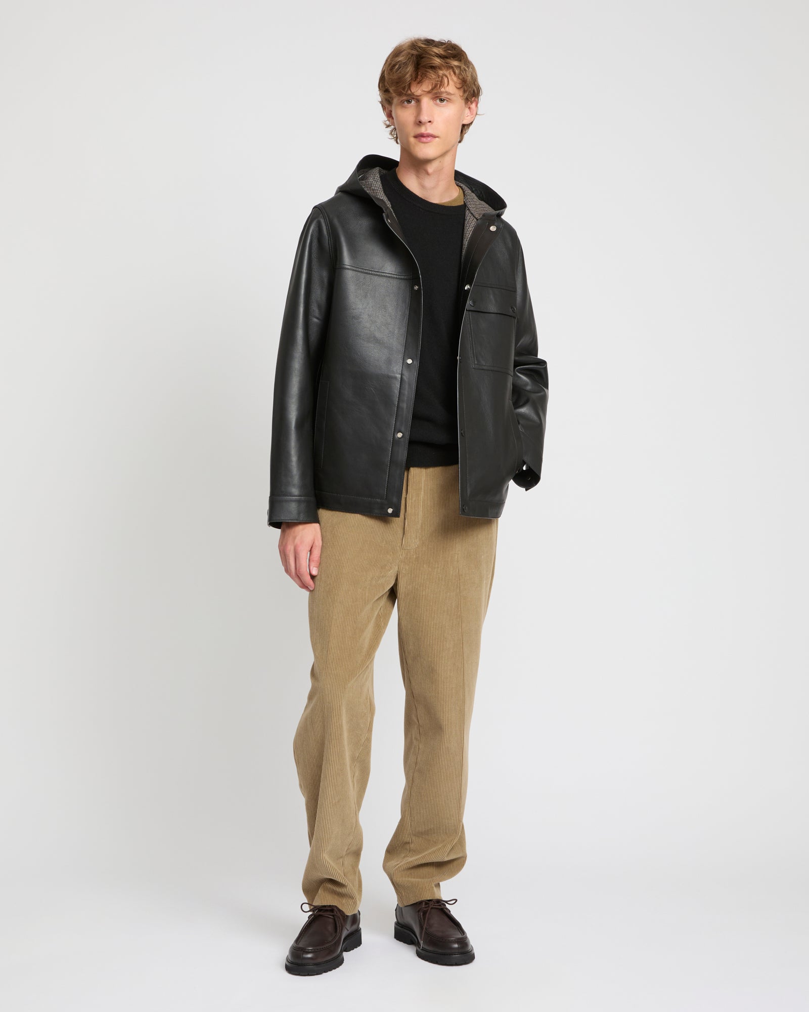 Flannel lined leather hoodie - Black - Yves Salomon