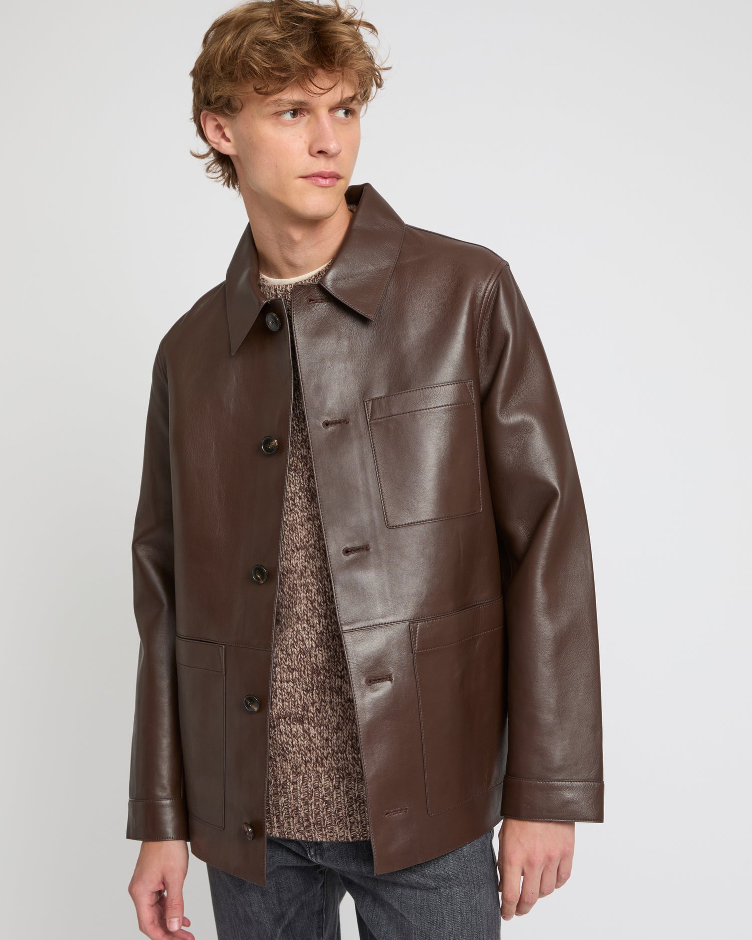 Veste style surchemise en cuir d'agneau doublé flanelle motif pied-de-poule -Yves Salomon