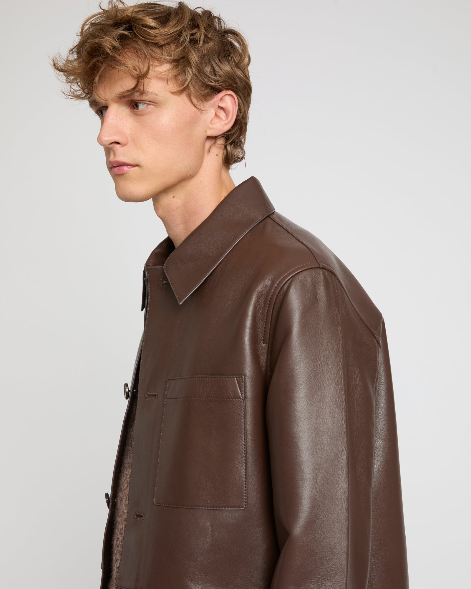 Veste style surchemise en cuir d'agneau doublé flanelle motif pied-de-poule -Yves Salomon