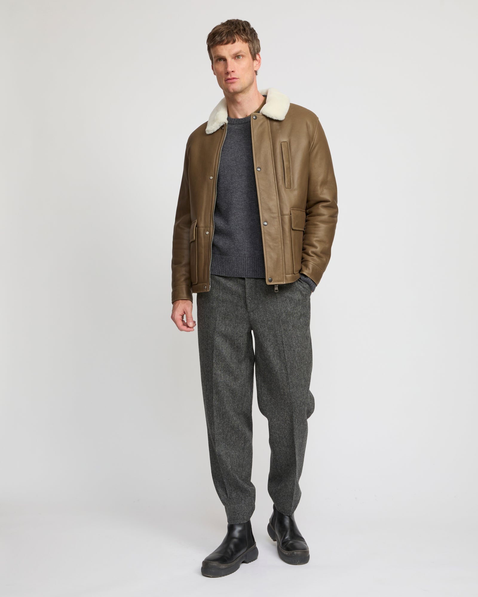 Silky lambskin shearling jacket - Khaki - Yves Salomon