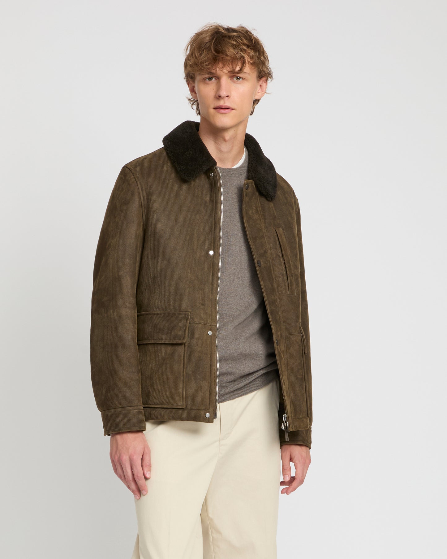 Veste en peau lainée d'agneau et cuir cotelé