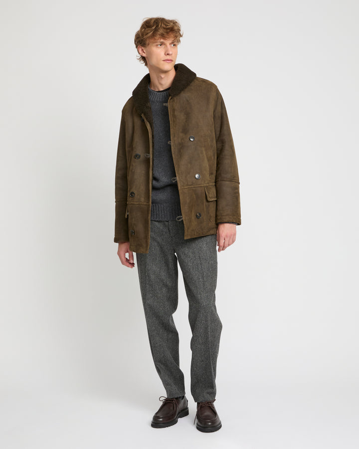 Ribbed leather and lambskin shearling fur-lined jacket