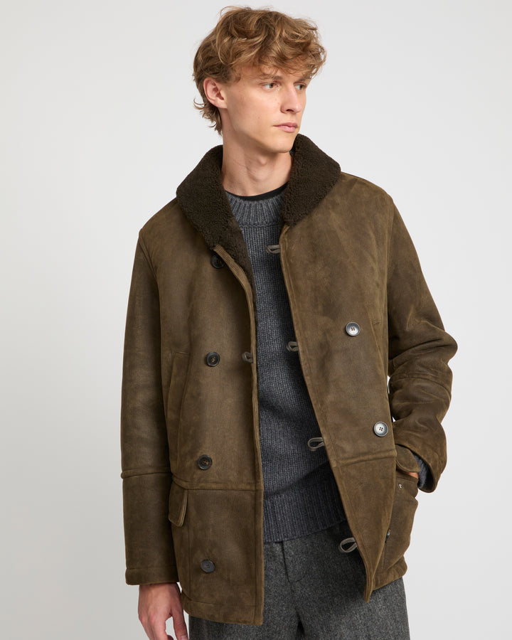 Ribbed leather and lambskin shearling fur-lined jacket