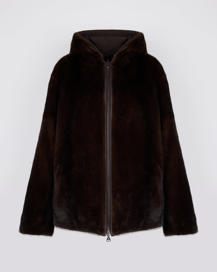 Veste réversible à capuche en fourrure de vison long poil et tissu technique
