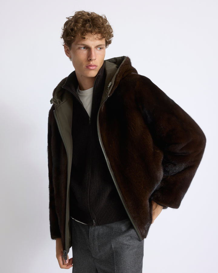 Veste réversible à capuche en fourrure de vison long poil et tissu technique - Yves Salomon - Nouvelle collection Automne Hiver