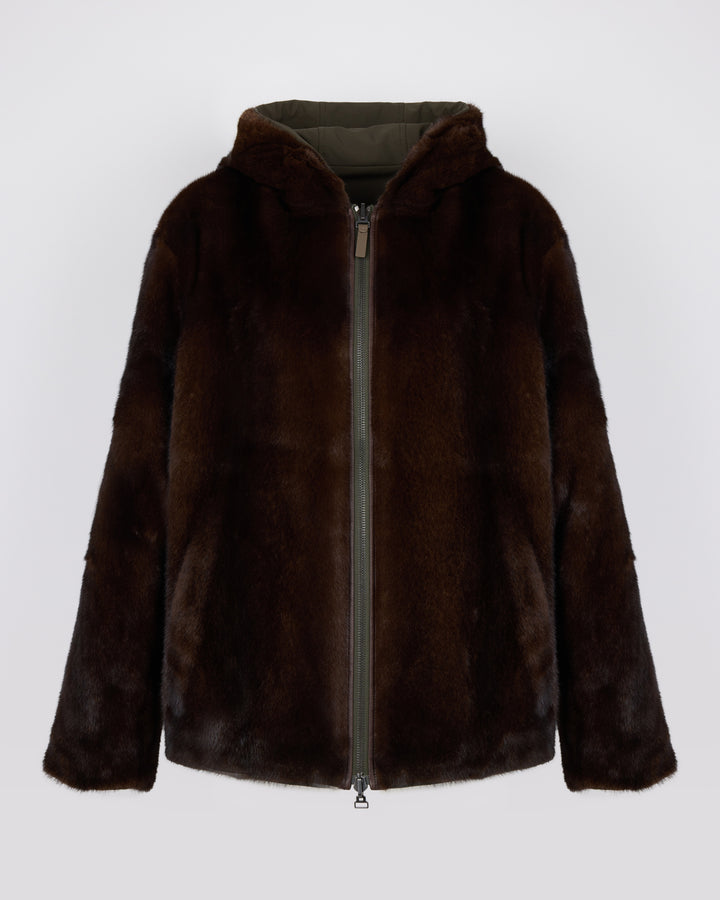 Veste réversible à capuche en fourrure de vison long poil et tissu technique