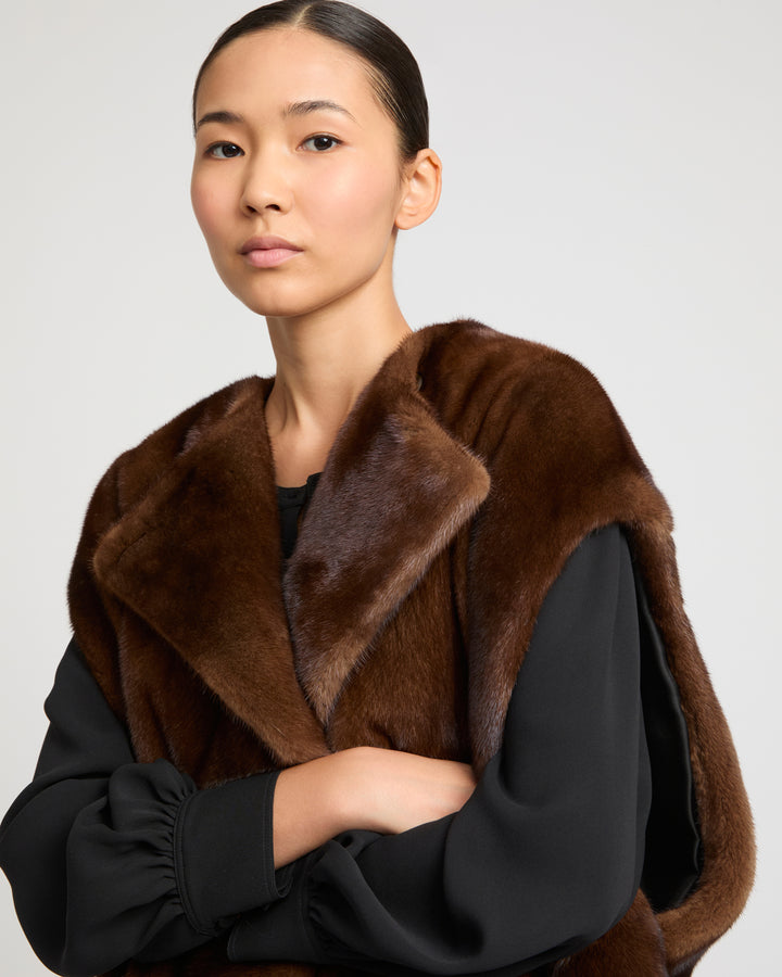 Long-haired mink fur belted cape