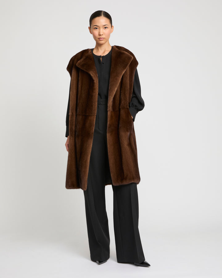 Long-haired mink fur belted cape