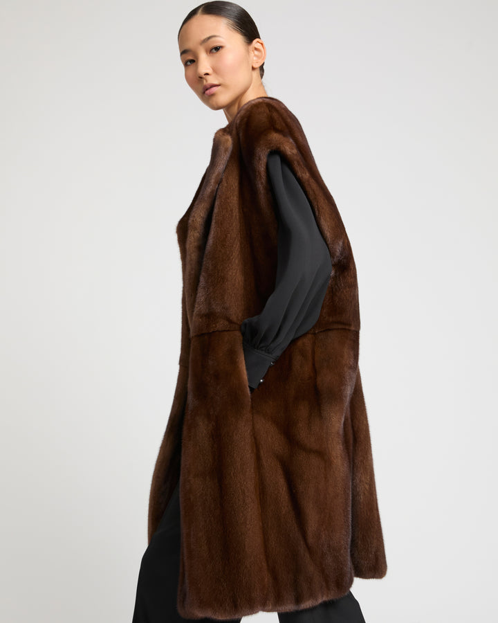 Long-haired mink fur belted cape