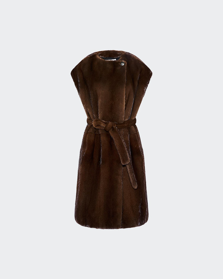 Cape ceinturée en fourrure de vison long poils