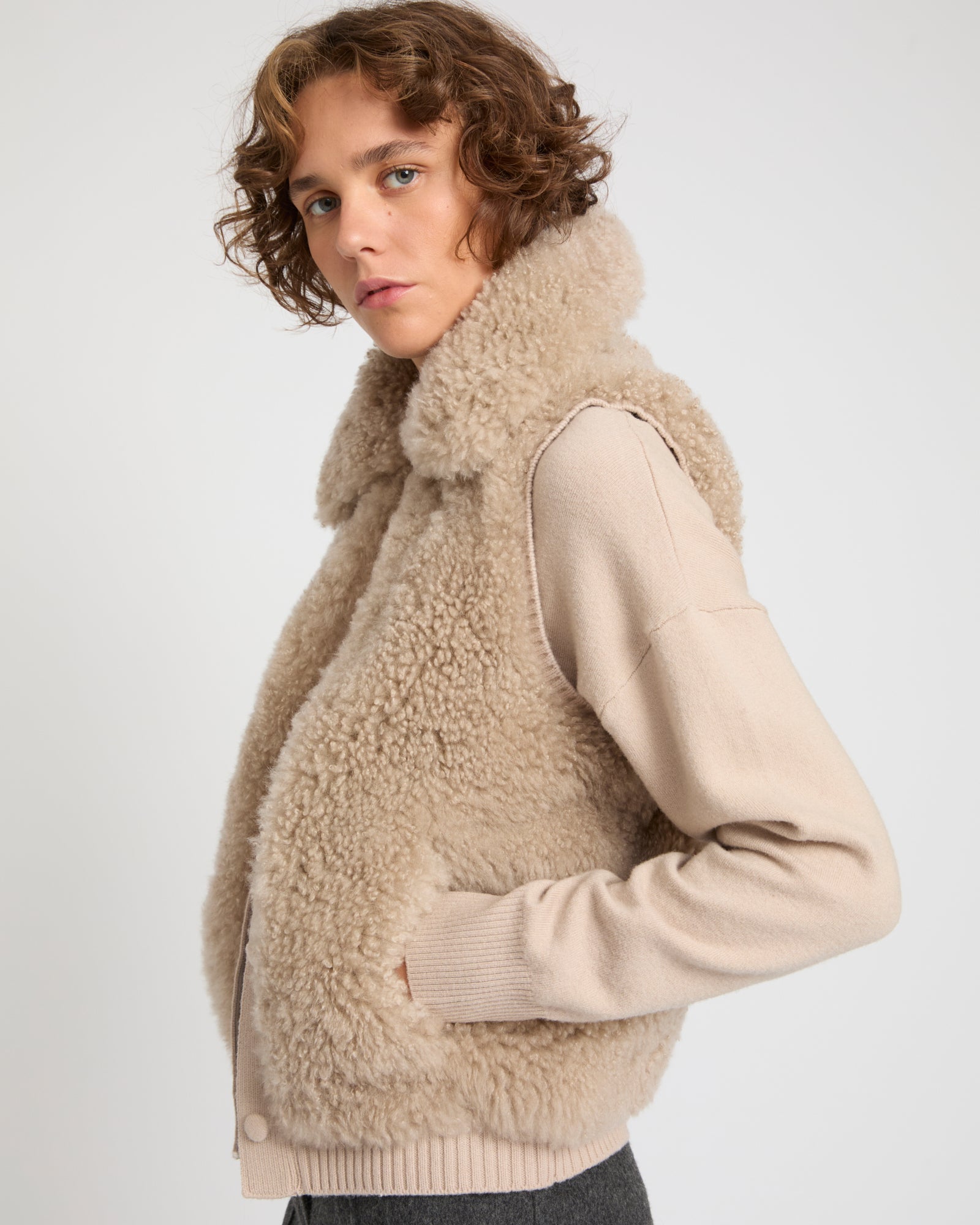 Cashmere lambskin and Merino knit gilet - Beige - Yves Salomon