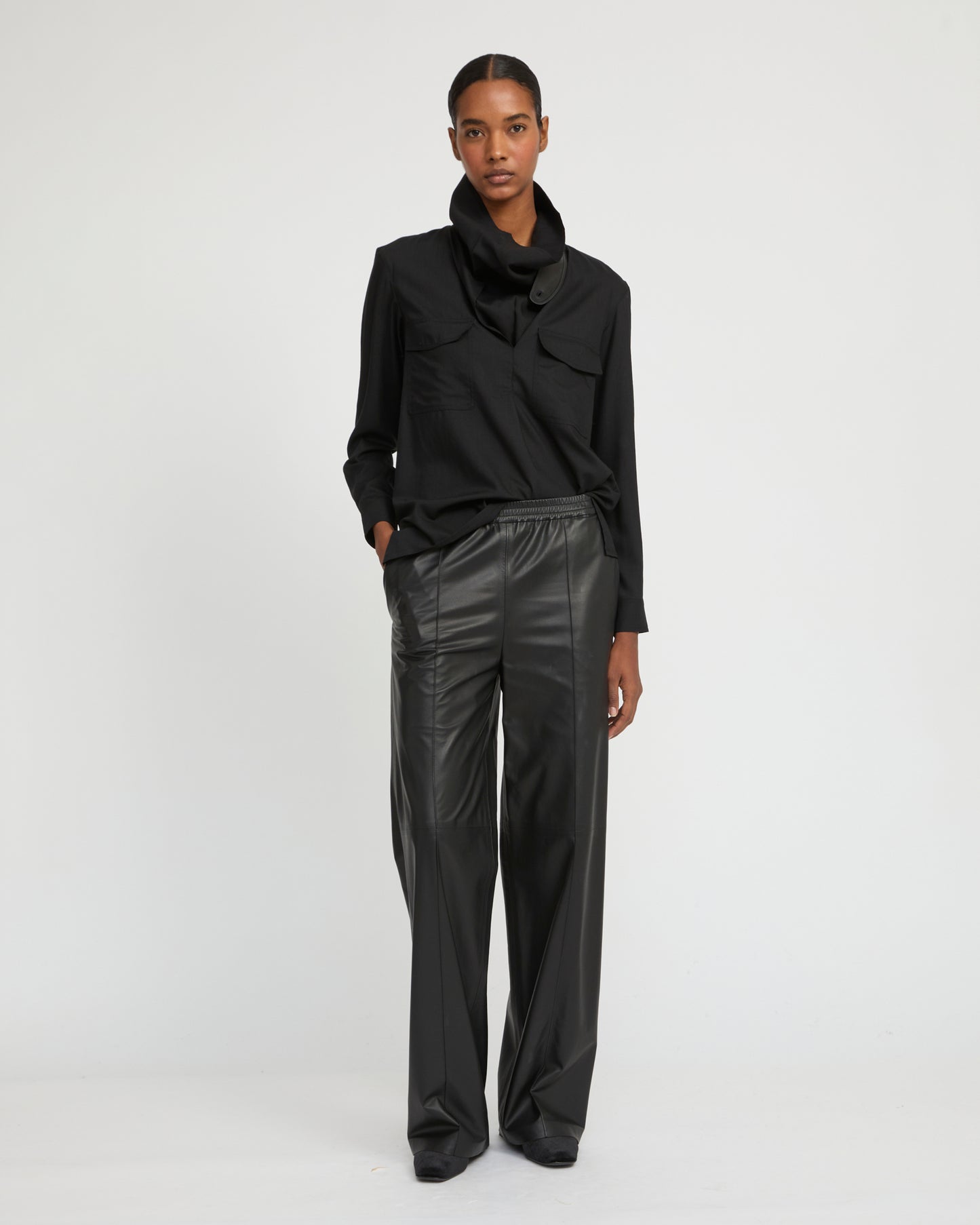 Wool voile draped blouse