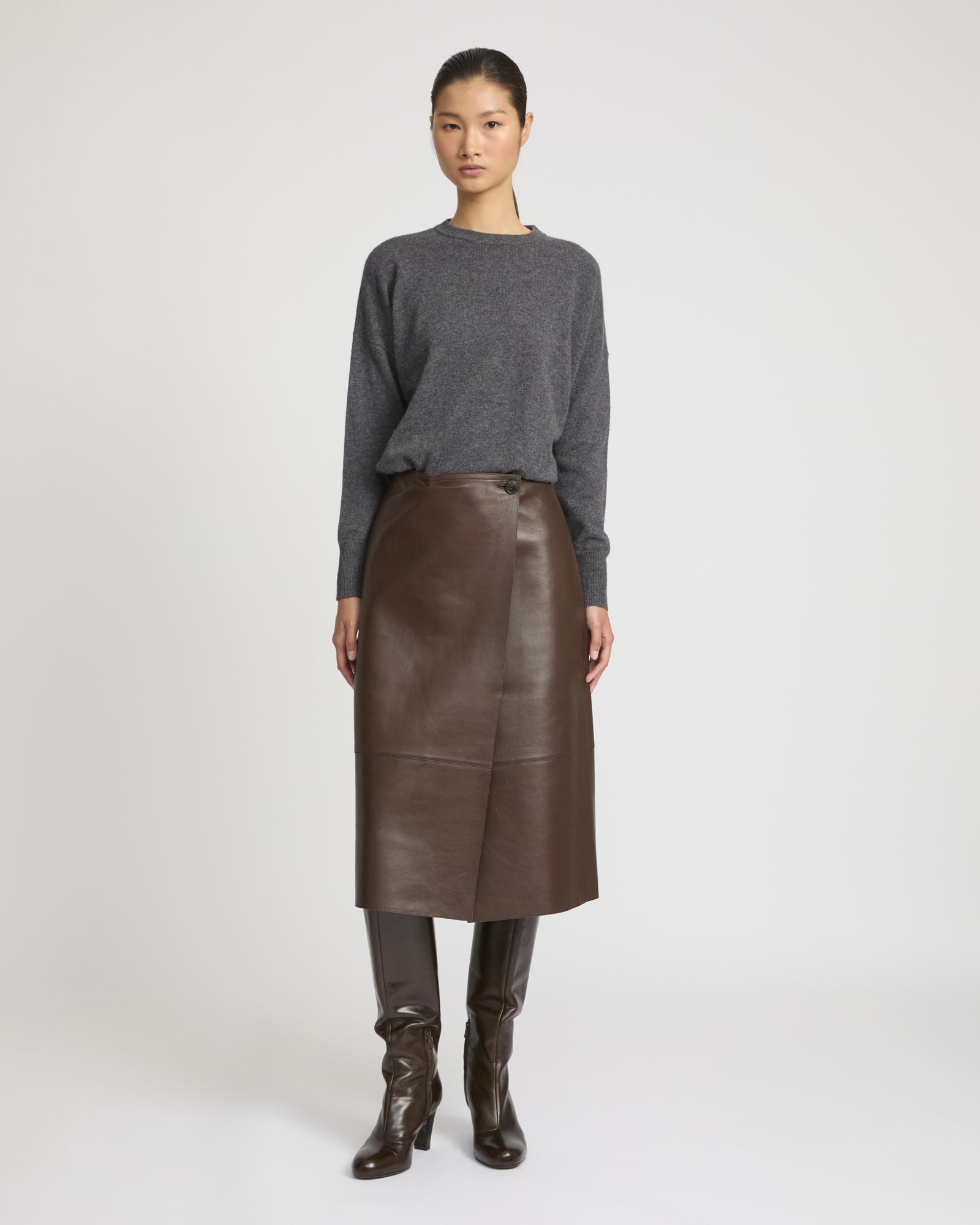 Winter sale -Woollen bonded leather wrap skirt-brown – Yves Salomon