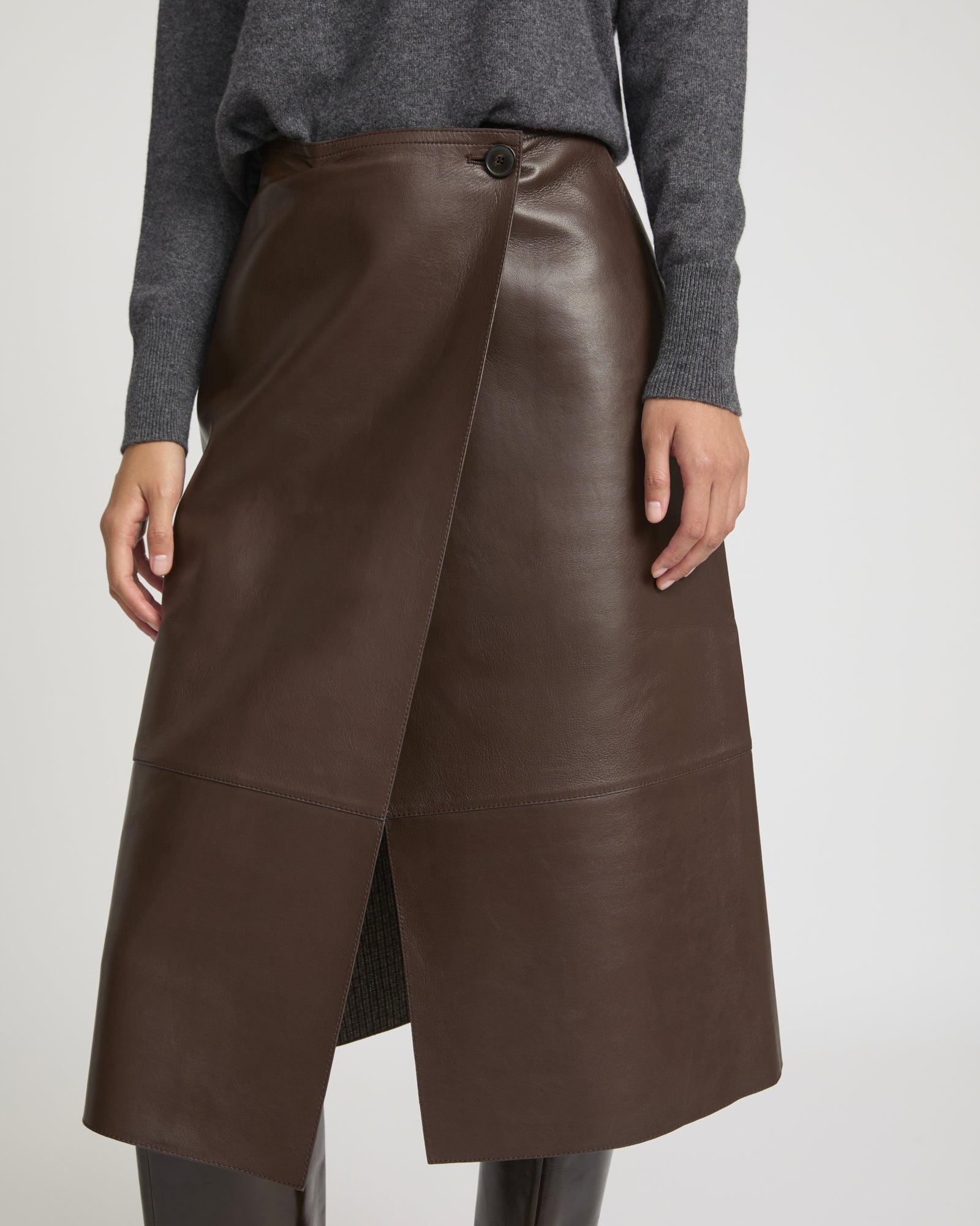 Winter sale -Woollen bonded leather wrap skirt-red – Yves Salomon