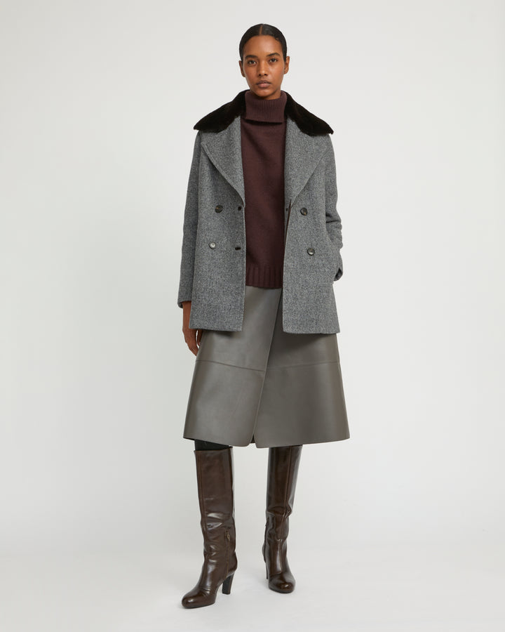 Woollen peacoat with lambskin leather details and mink fur collar