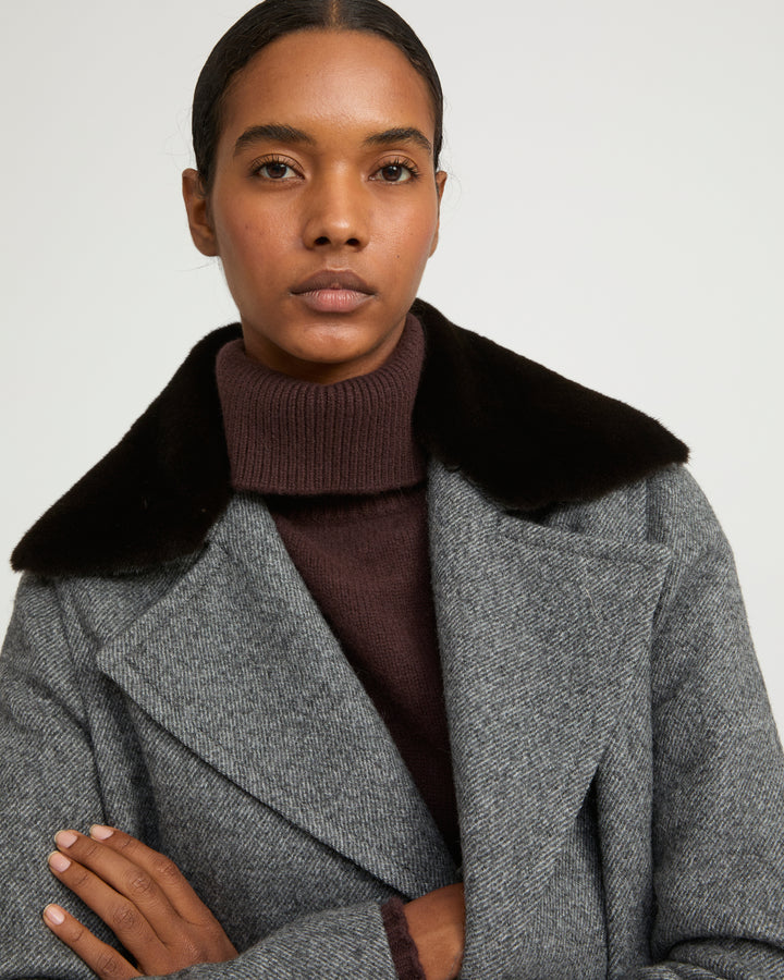 Woollen peacoat with lambskin leather details and mink fur collar