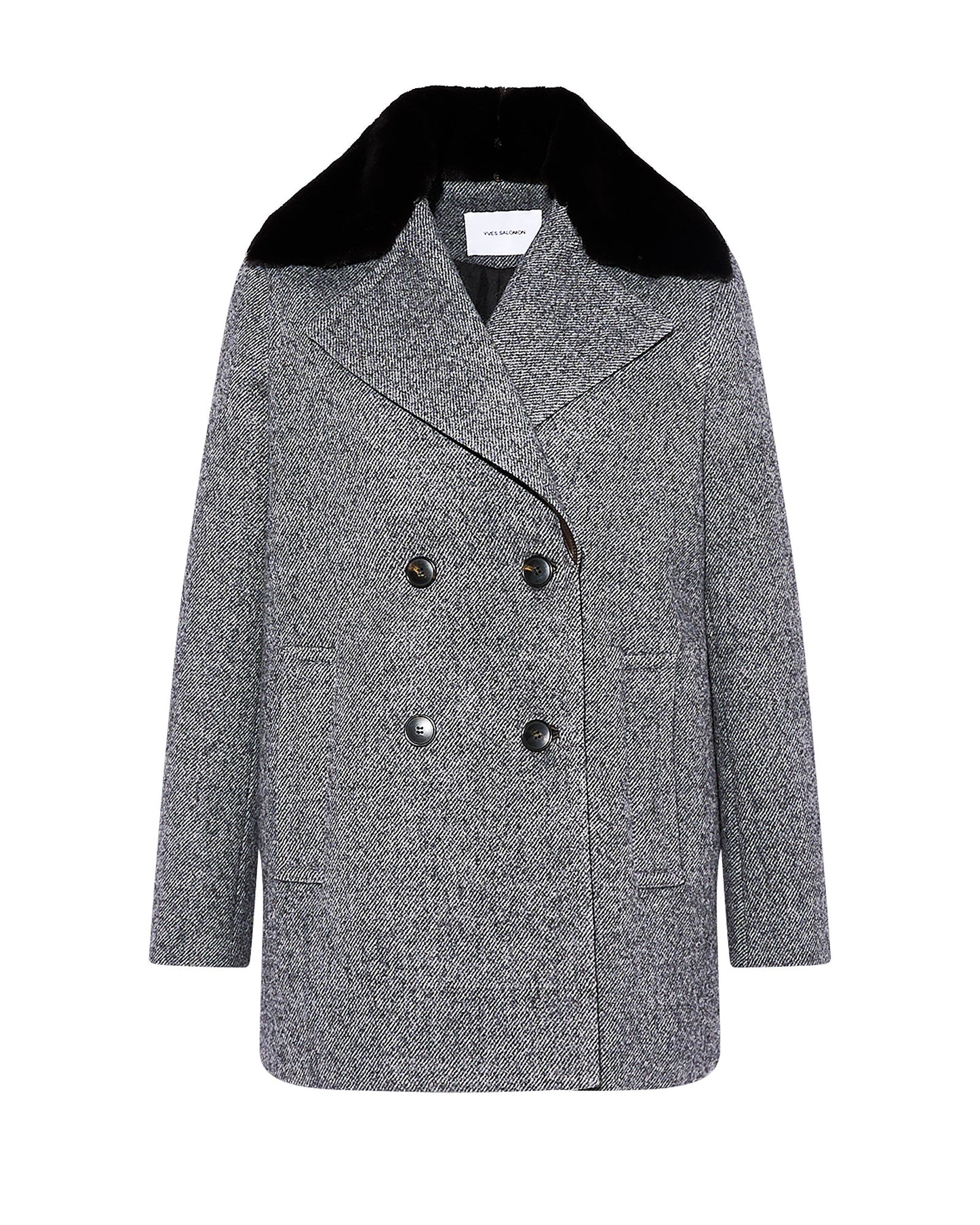 Woollen peacoat with lambskin leather details and mink fur collar