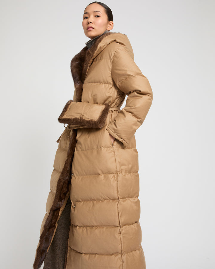 Down maxi belted coat in flannel fabric and mink fur