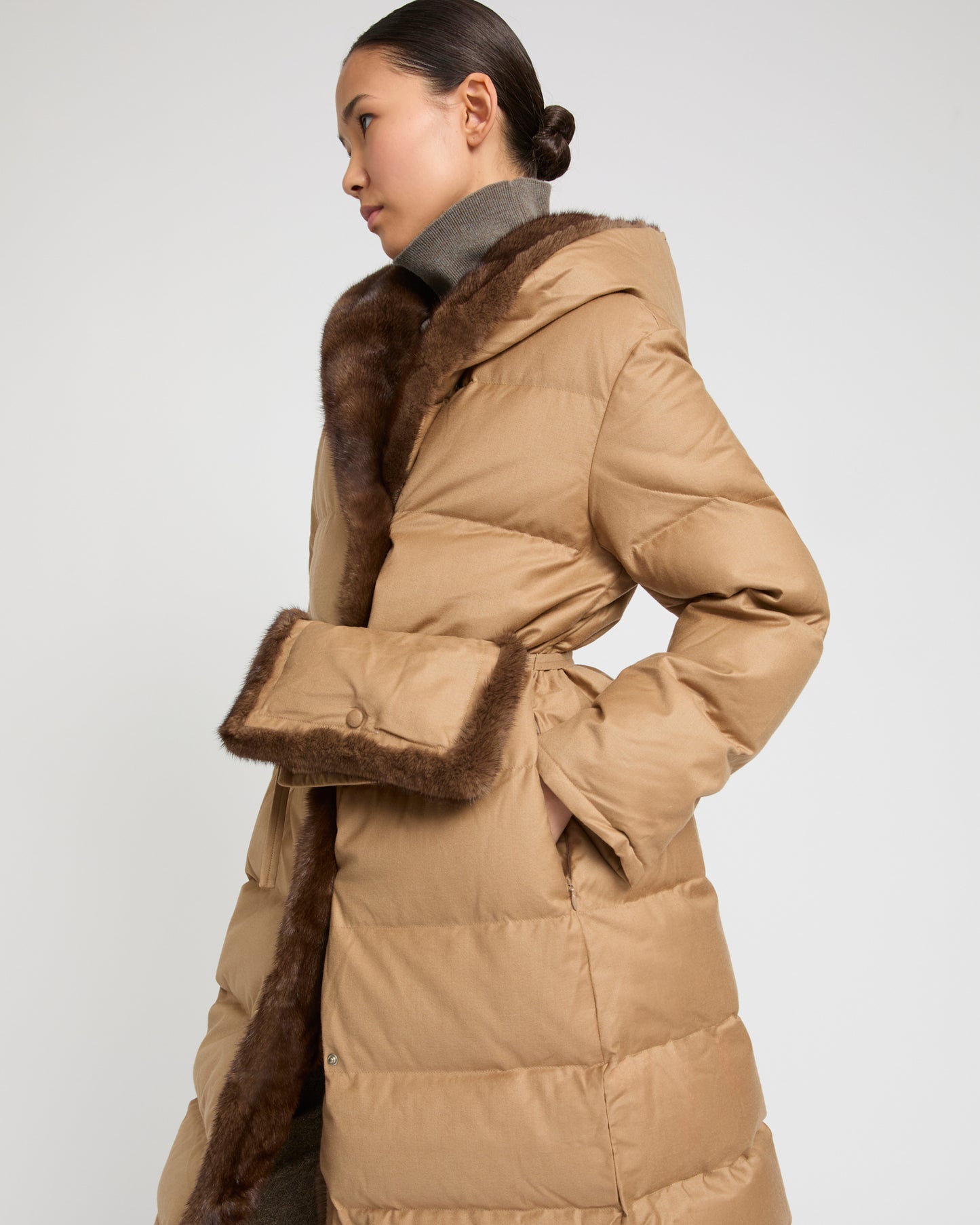 Down maxi belted coat in flannel fabric and mink fur