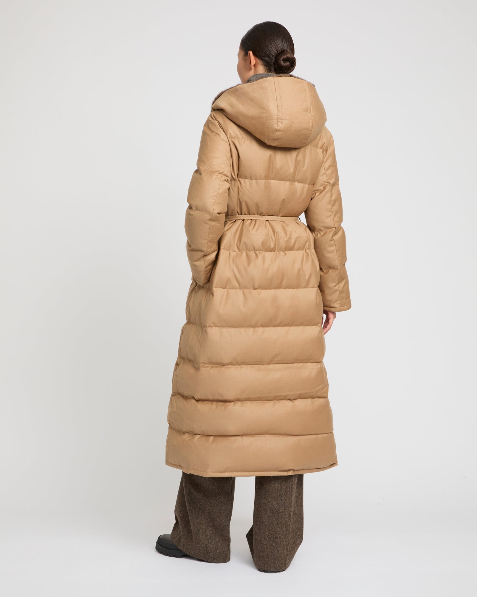 Down belted coat in Loro Piana flannel & mink - Camel - Yves Salomon