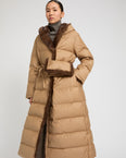Down maxi belted coat in flannel fabric and mink fur