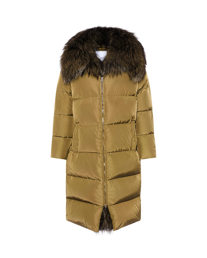 Technical fabric maxi down jacket with large detachable fox fur collar