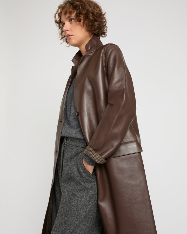 Straight coat in bonded leather and wool