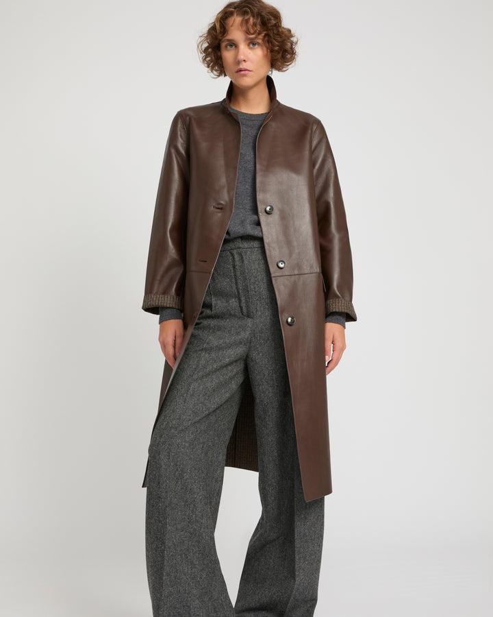 Straight coat in bonded leather and wool