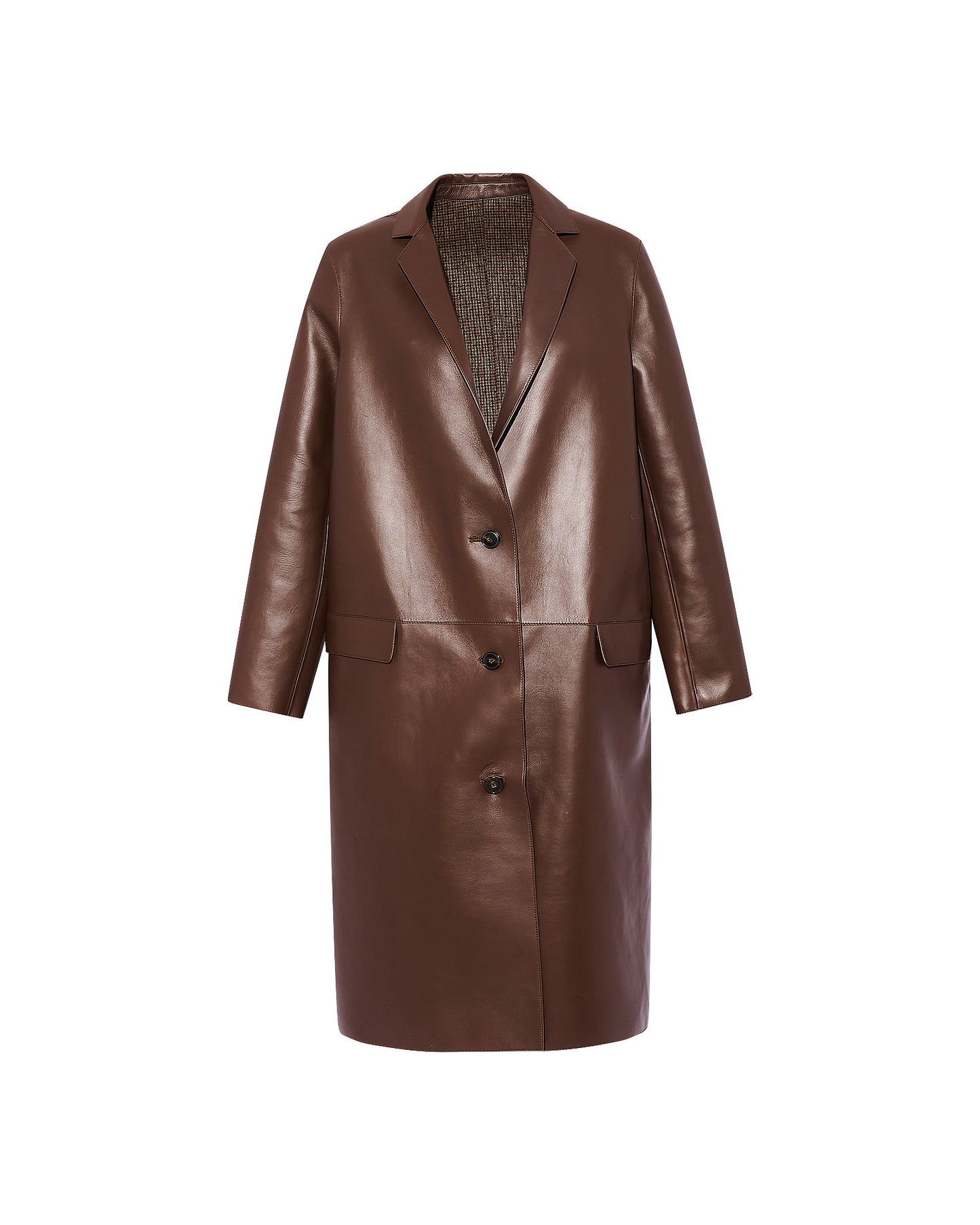 Manteau droit en cuir d'agneau doublé tissu motif pied-de-poule