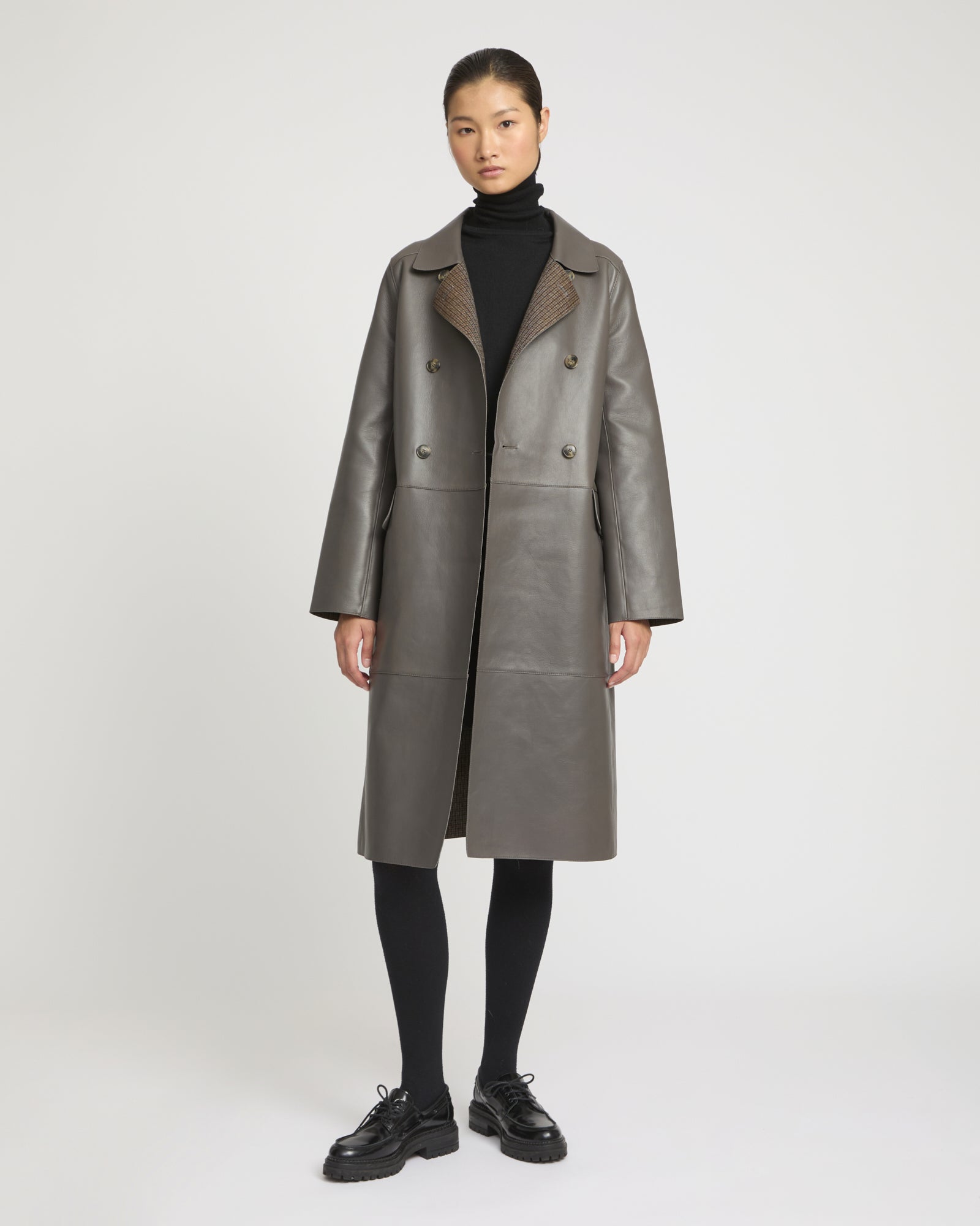 Manteau long en cuir d'agneau doublé tissu motif pied-de-poule -Yves Salomon