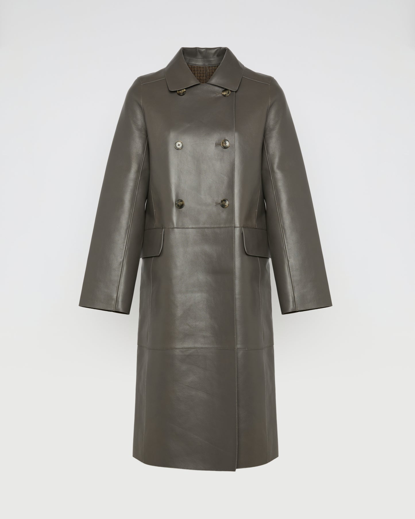 Manteau long en cuir d'agneau doublé tissu motif pied-de-poule