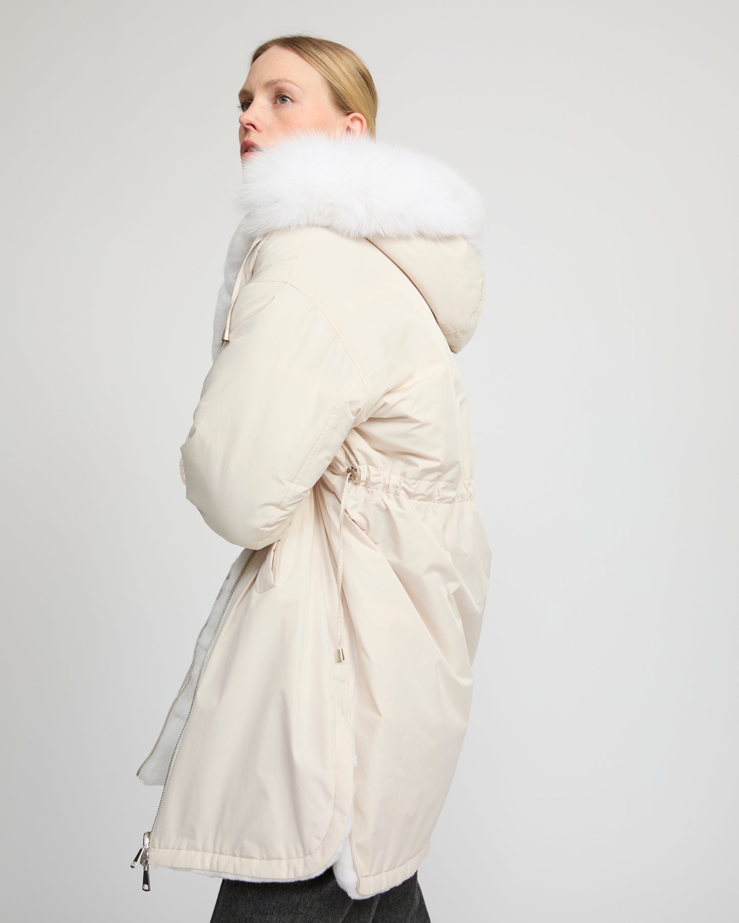 Parka longue réversible en tissu technique déperlant avec fourrure de renard et de lapin rex