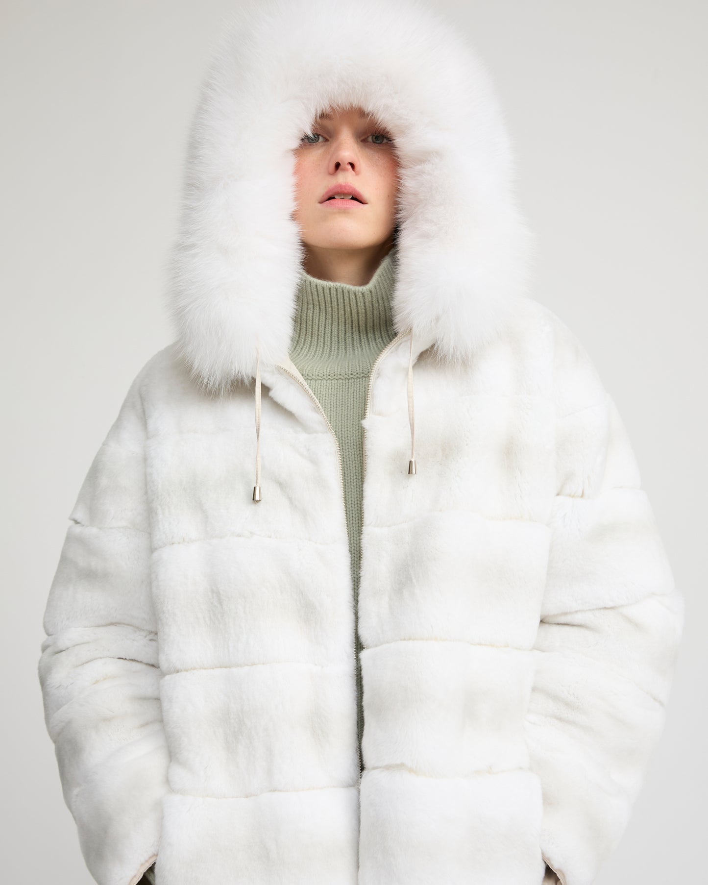Parka longue réversible en tissu technique déperlant avec fourrure de renard et de lapin rex