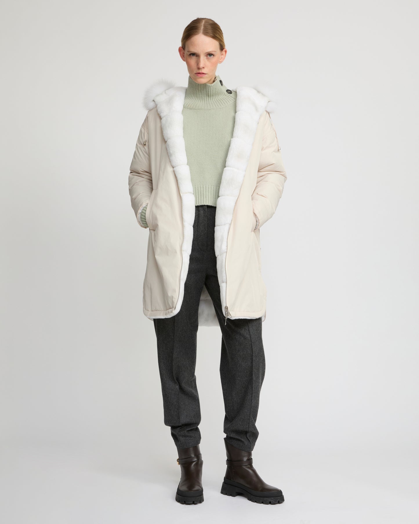 Parka longue réversible en tissu technique déperlant avec fourrure de renard et de lapin rex