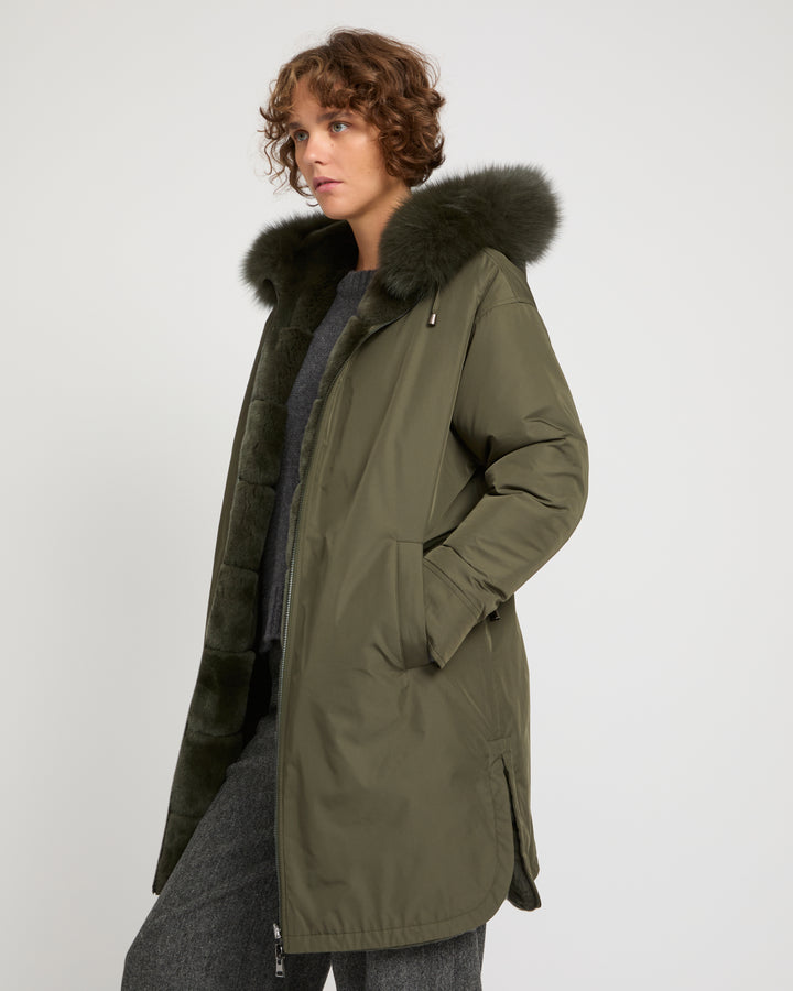 Parka longue réversible en tissu technique déperlant avec fourrure de renard et de lapin rex