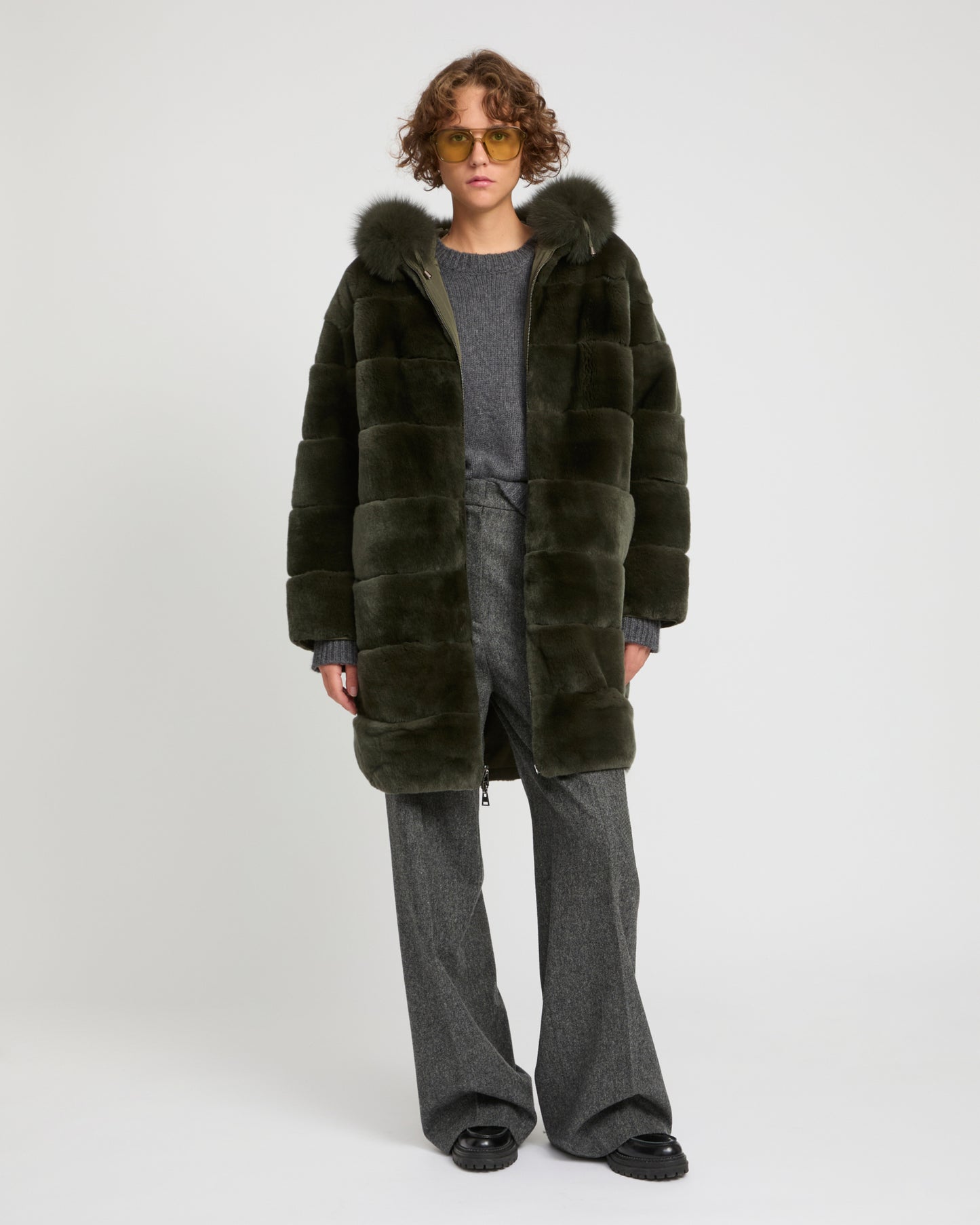 Parka longue réversible en tissu technique déperlant avec fourrure de renard et de lapin rex