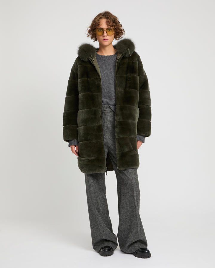 Parka longue réversible en tissu technique déperlant avec fourrure de renard et de lapin rex