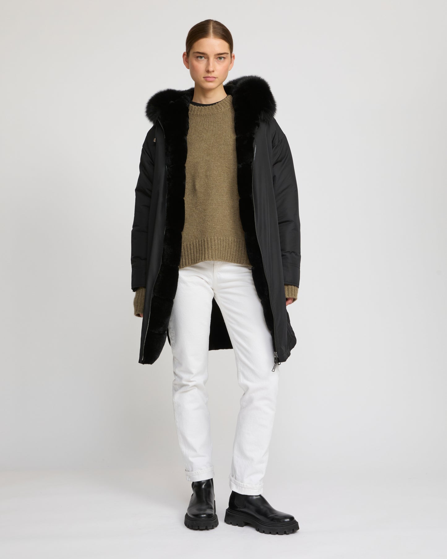 Parka longue réversible en tissu technique déperlant avec fourrure de renard et de lapin rex