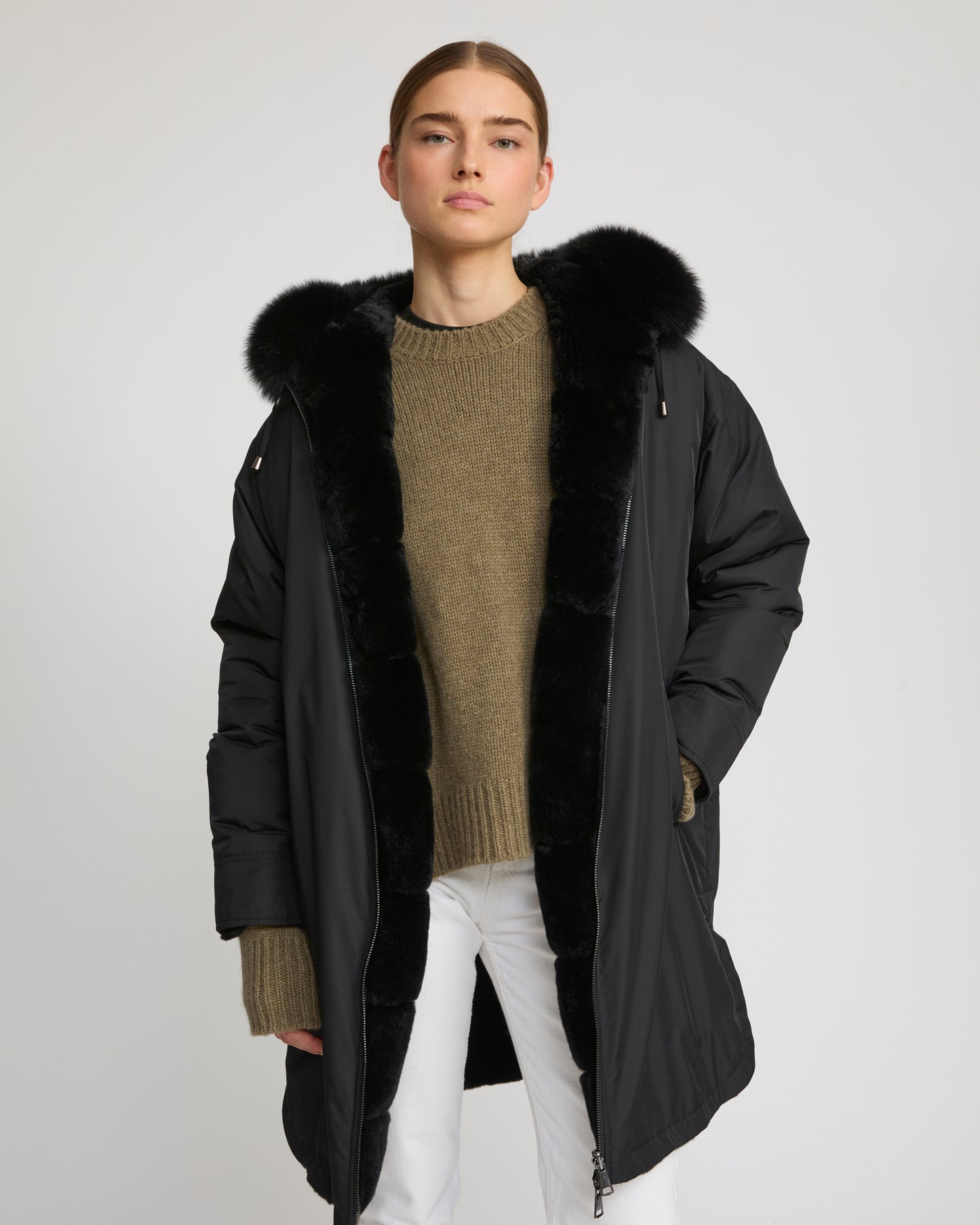 Parka longue réversible en tissu technique déperlant avec fourrure de renard et de lapin rex