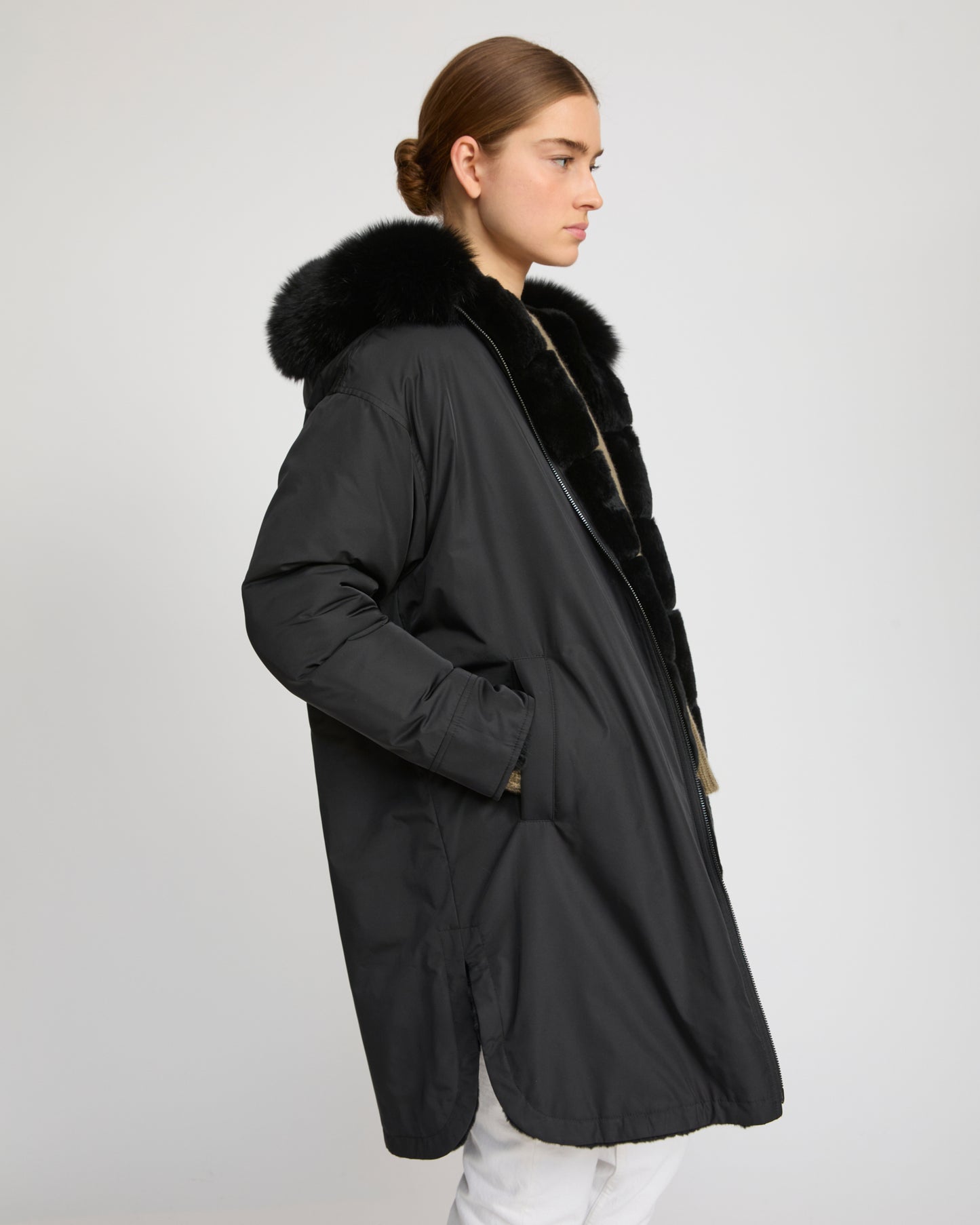 Parka longue réversible en tissu technique déperlant avec fourrure de renard et de lapin rex
