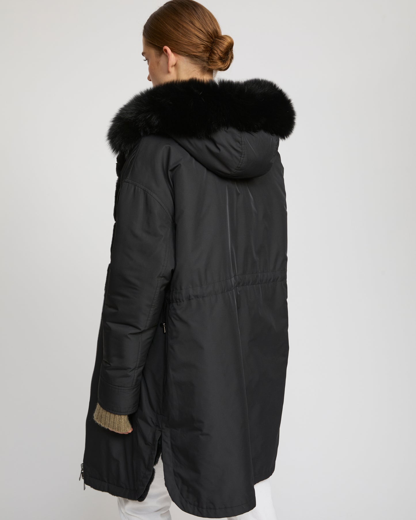 Parka longue réversible en tissu technique déperlant avec fourrure de renard et de lapin rex