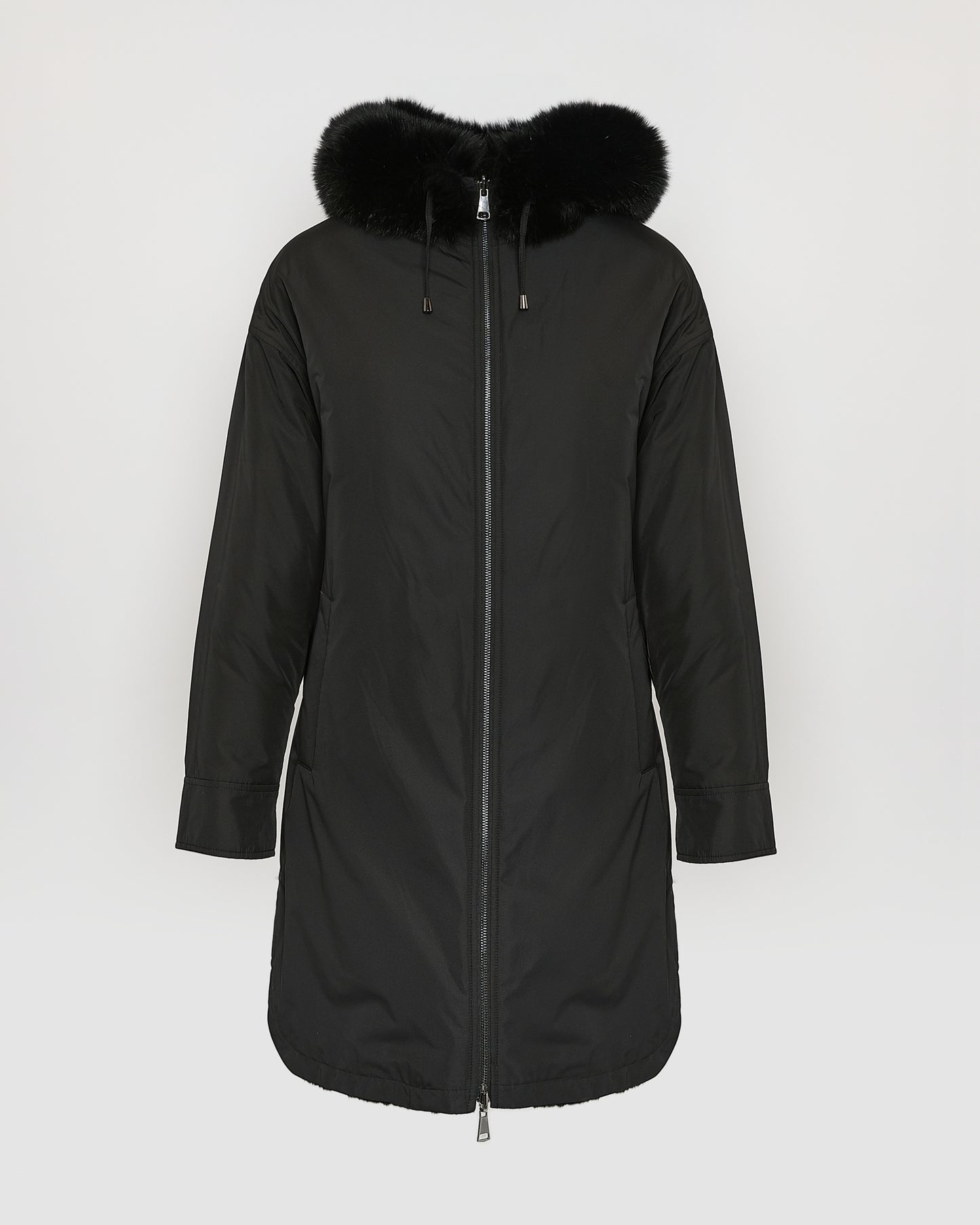 Parka longue réversible en tissu technique déperlant avec fourrure de renard et de lapin rex