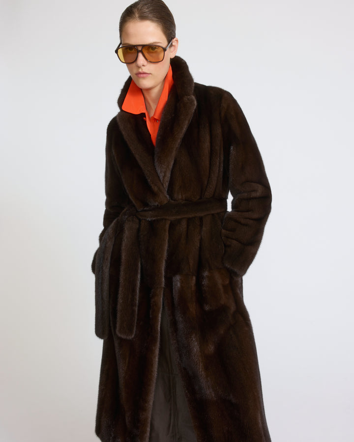 Manteau ceinturé col tailleur en fourrure de vison long poil - Yves Salomon - Nouvelle collection Automne Hiver