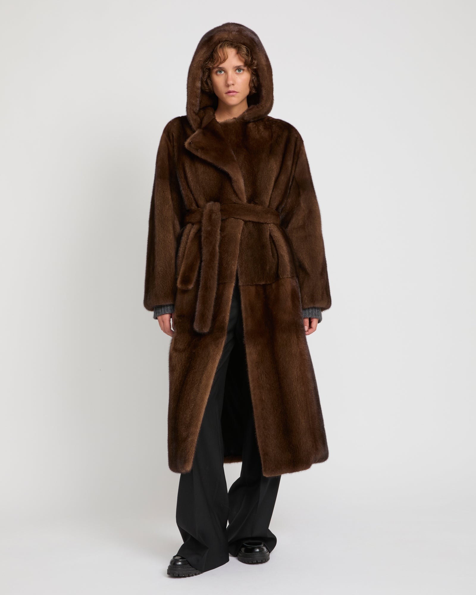 ロングヘアードミンクファー ロング フーデッドコート - Brown - Yves