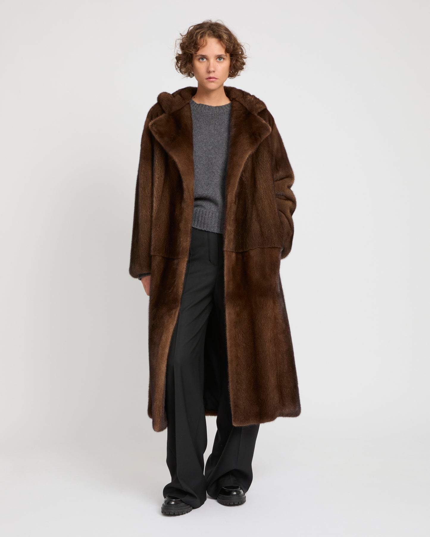 Long hooded coat in long-haired mink fur