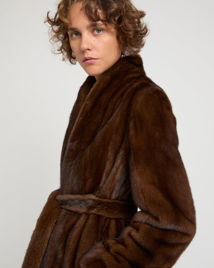 Maxi belted coat in long-haired mink fur 