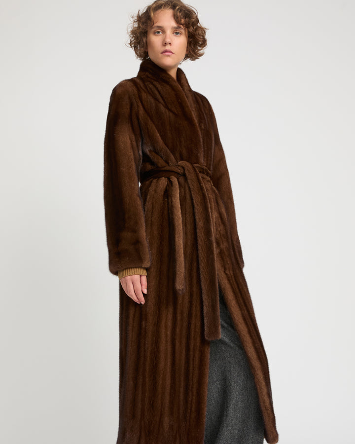 Maxi belted coat in long-haired mink fur 