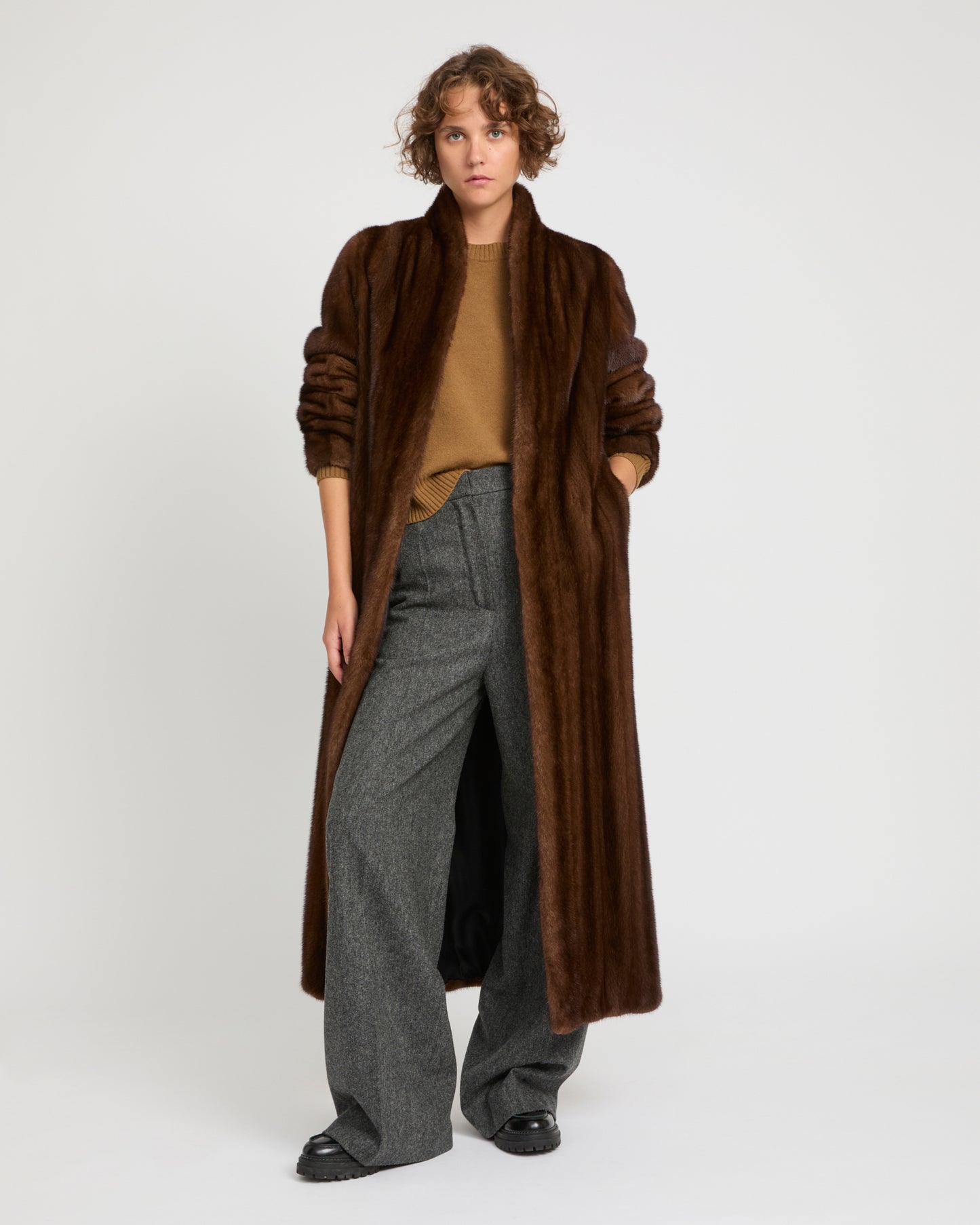 Maxi belted coat in long-haired mink fur 