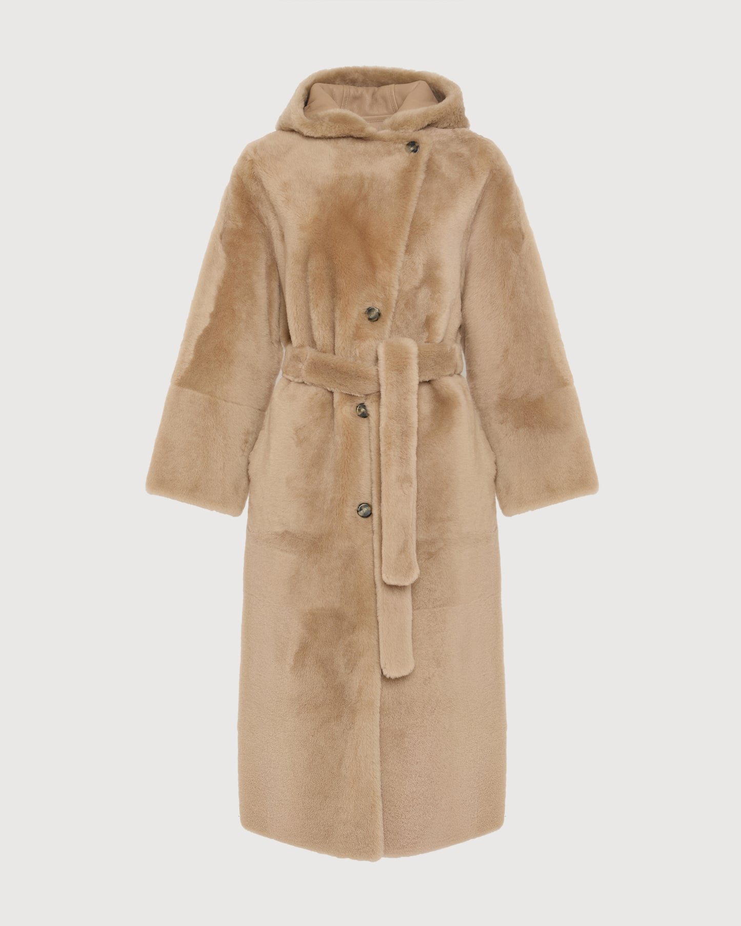 Manteau long à capuche en peau lainée d'agneau -Yves Salomon